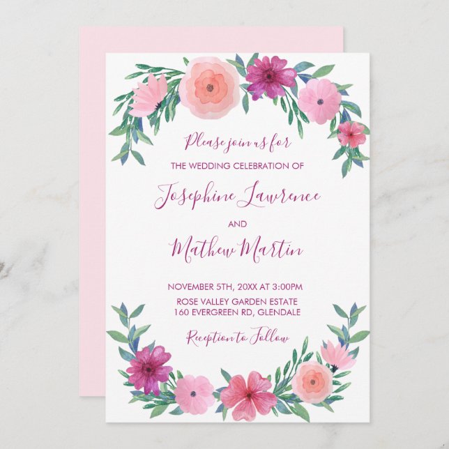 Pink Watercolor Flowers Wedding Invitations (Front/Back)