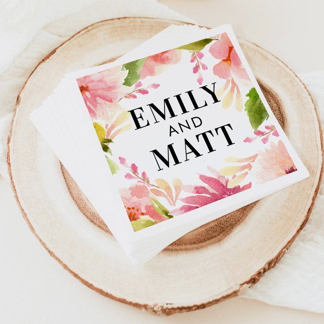 Pink Watercolor Flowers Wedding Monogram Napkin (Creator Uploaded)