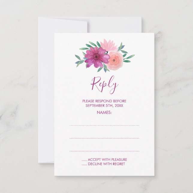 Pink Watercolor Flowers Wedding Reply Cards (Front)