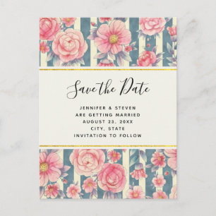 Pink Watercolor Flowers Wedding Save the Date Invitation Postcard