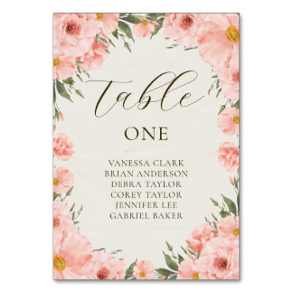 Pink Watercolor Flowers Wedding Table Number