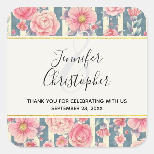 Pink Watercolor Flowers Wedding Thank You Square Sticker (Front)