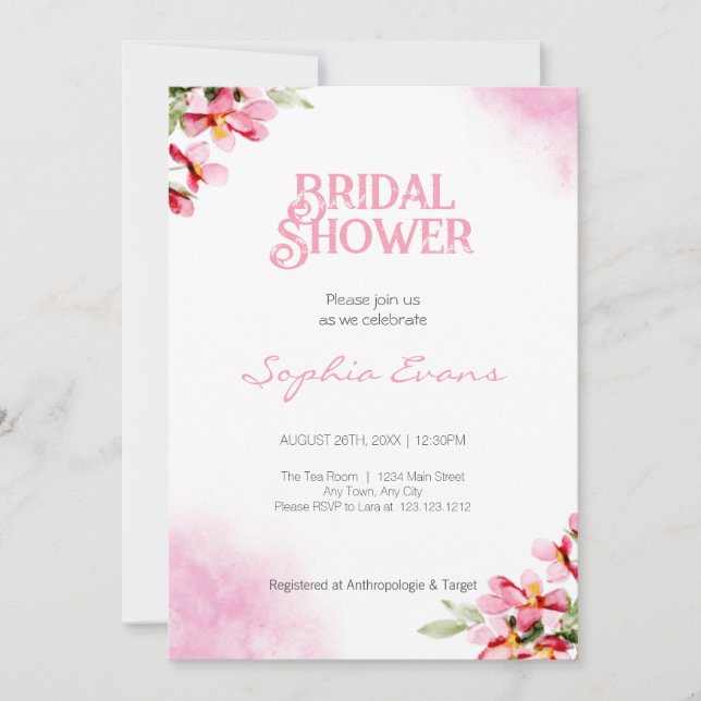 Pink Watercolor Flowers White Bridal Shower Invitation (Front)