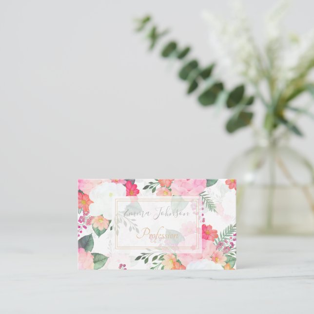 Pink Watercolor Flowers White Design Business Card (Standing Front)