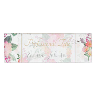 Pink Watercolor Flowers White Design Name Tag