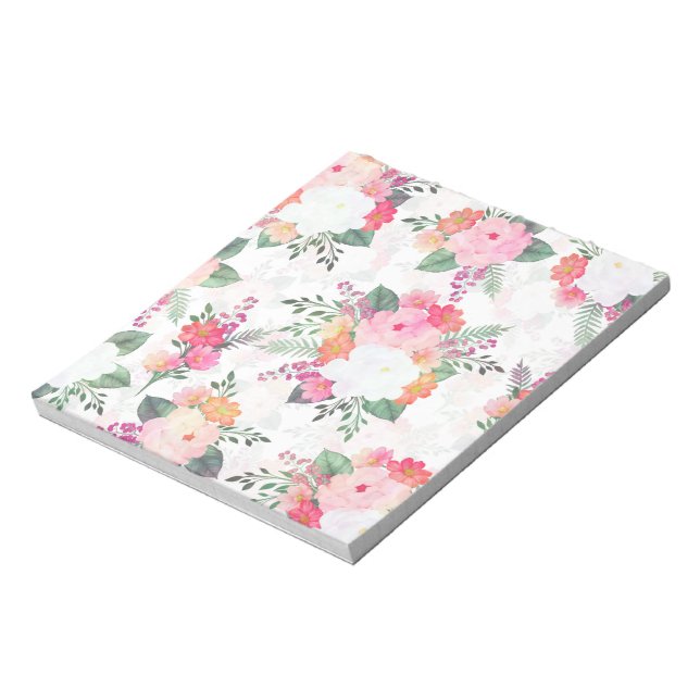 Pink Watercolor Flowers White Design Notepad (Rotated)