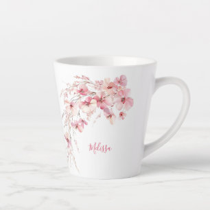  Pink Watercolor Flowers White Monogram Latte Mug