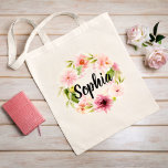 Pink Watercolor Flowers Wreath Bridesmaid Name Tote Bag<br><div class="desc">Personalised tote bag design features a monogram of a name in black modern script writing framed by a beautiful watercolor painted floral design with pastel pink,  blush,  and peach spring dahlia and rose flowers paired with vibrant green foliage. Makes a great gift for your wedding party / bridesmaids!</div>