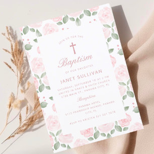 Pink Watercolor Flowery Girl Baptism  Invitation