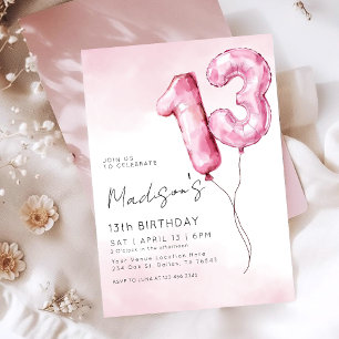 Pink Watercolor Foil Balloon 13th Birthday Invitation