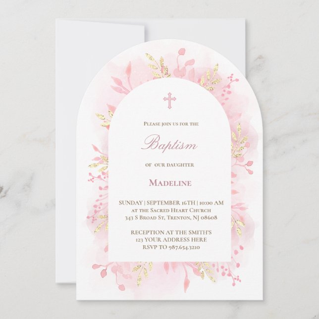 pink watercolor foliage Baptism Invitation (Front)