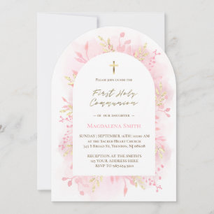 pink watercolor foliage First Holy Communion Invitation