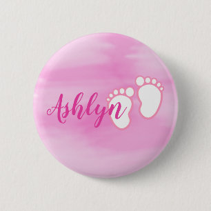 Pink Watercolor Footprint Little Baby Feet Name 6 Cm Round Badge