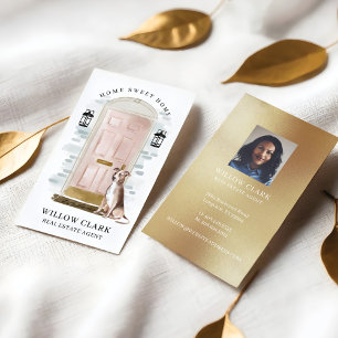 Pink Watercolor Front Door Dog Real Estate Agent Business Card