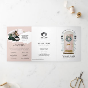 Pink Watercolor Front Door Real Estate Marketing Tri-Fold Card