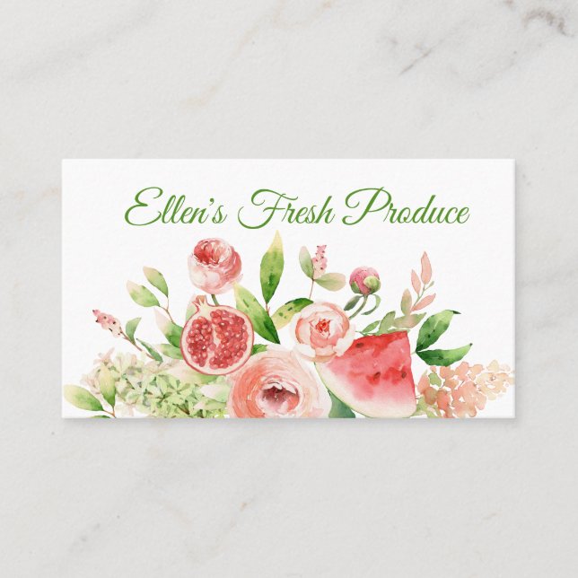 Pink Watercolor Fruit and Flower Bouquet  Business Card (Front)