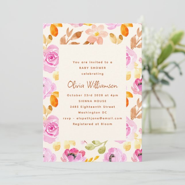 Pink Watercolor Garden Floral Baby Shower  Invitation (Standing Front)