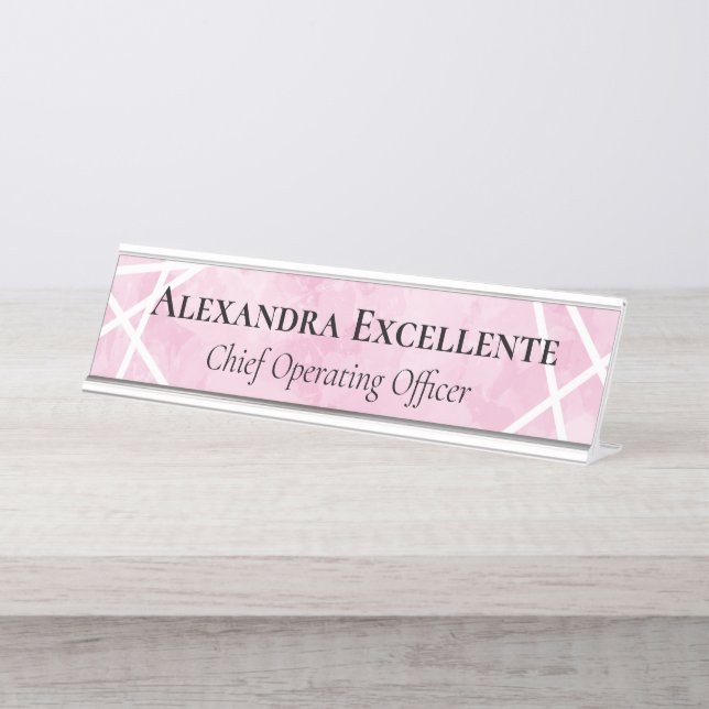 Pink Watercolor Geometric Modern Custom Womens Desk Name Plate (Front)