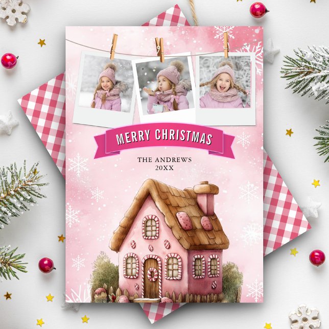 Pink Watercolor Gingerbread House Photo Christmas Holiday Card (Creator Uploaded)