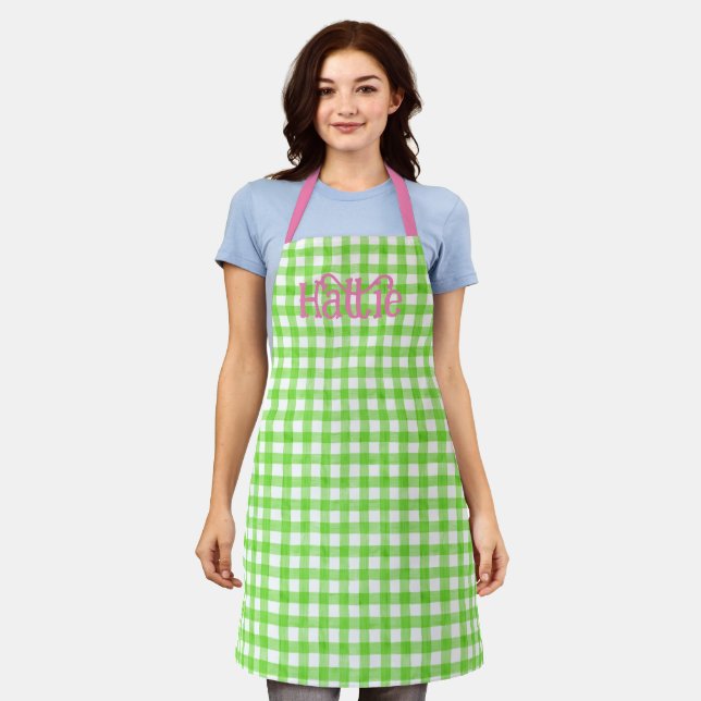Pink Watercolor Gingham Personalised Apron (Worn)