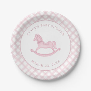 Pink Watercolor Gingham Rocking Horse Baby Shower Paper Plate