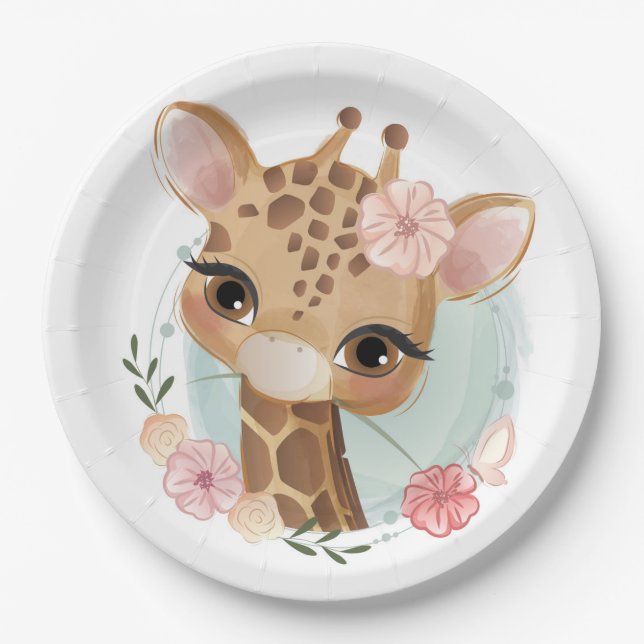 Pink Watercolor Giraffe Baby Shower Invitation Paper Plate (Front)