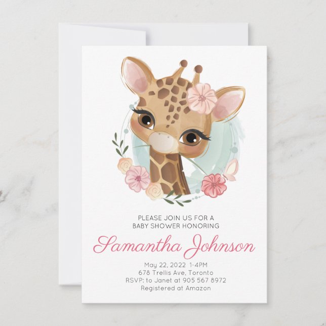 Pink Watercolor Giraffe Girl Baby Shower Invitation (Front)