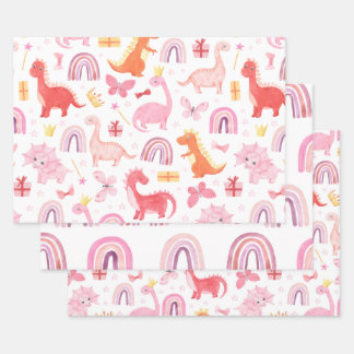 Pink Watercolor Girl Dinosaurs Boho Rainbows Wrapping Paper Sheet