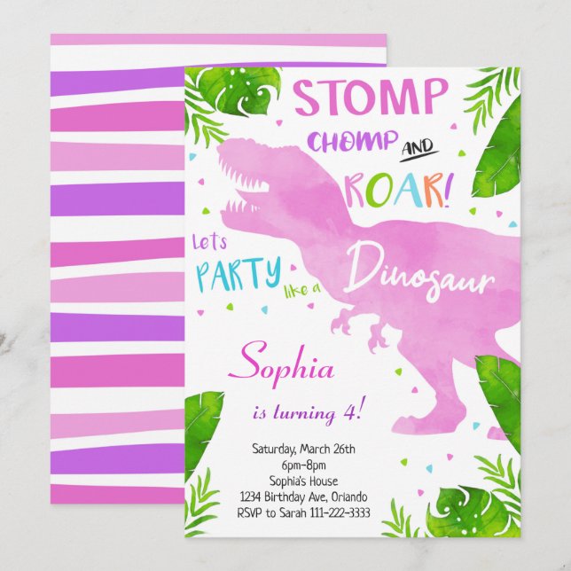 Pink Watercolor Girls Dinosaur Birthday Invitation (Front/Back)