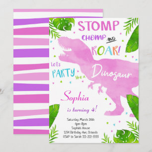 Pink Watercolor Girls Dinosaur Birthday Invitation