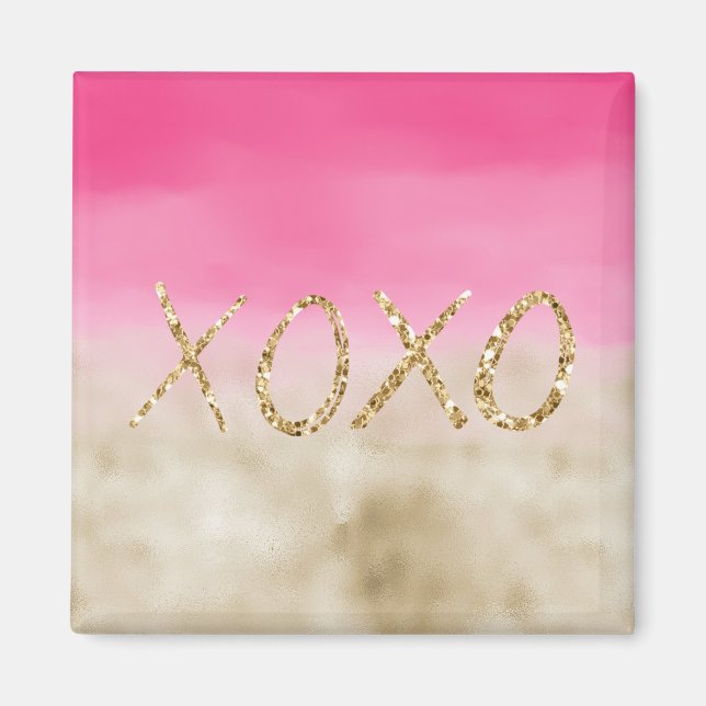 Pink Watercolor Glam Gold Tie Dye XOXO Glitter Magnet (Front)