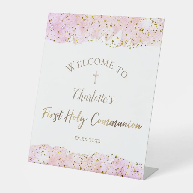 pink watercolor glitter | First Communion Pedestal Sign (Front)