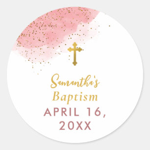 Pink Watercolor Glitter Gold Cross Baptism Girl   Classic Round Sticker