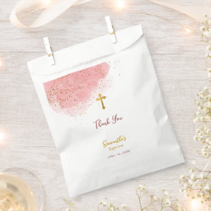 Pink Watercolor Glitter Gold Cross Baptism Girl Favour Bags