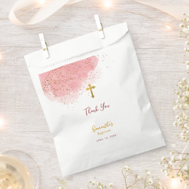 Pink Watercolor Glitter Gold Cross Baptism Girl  Favour Bags (Clipped)