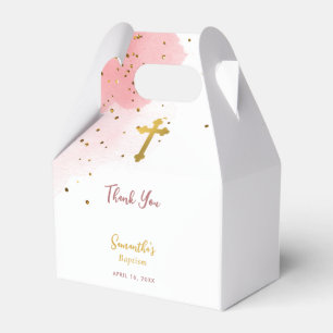 Pink Watercolor Glitter Gold Cross Baptism Girl Favour Box