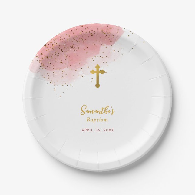 Pink Watercolor Glitter Gold Cross Baptism Girl Paper Plate (Front)