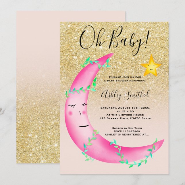 Pink watercolor glitter moon stars baby shower invitation (Front/Back)