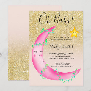 Pink watercolor glitter moon stars baby shower invitation
