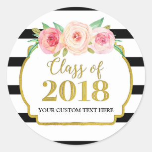 Pink Watercolor Gold Black Stripes Graduation 2018 Classic Round Sticker