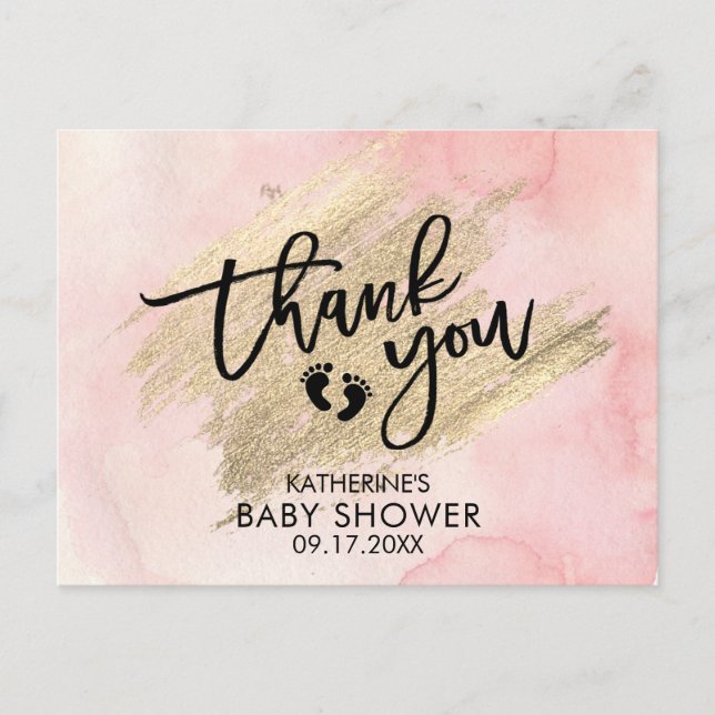 Pink Watercolor Gold Brush Stroke Baby Shower Postcard (Front)