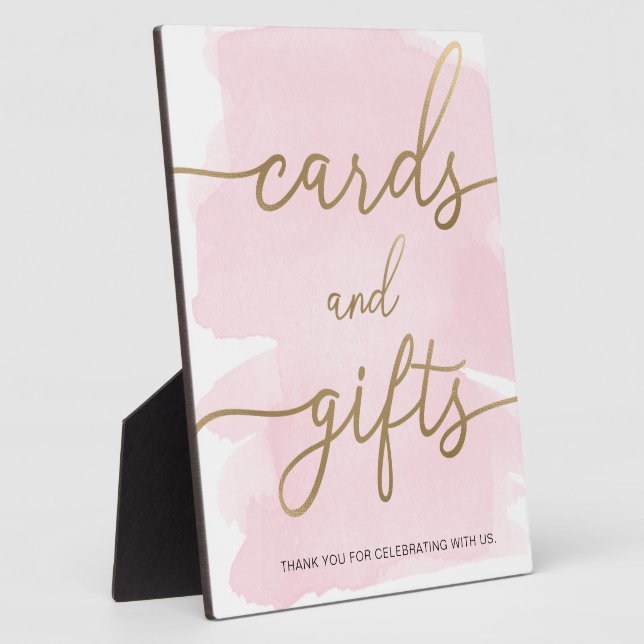 Pink Watercolor Gold Cards and Gifts Sign Plaque (Side)