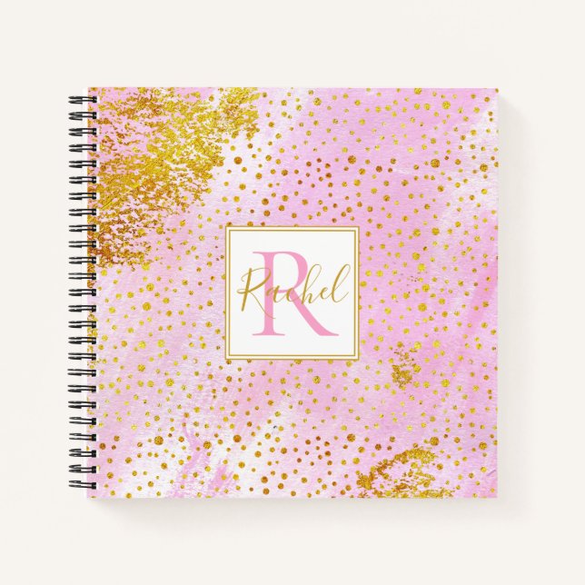 Pink watercolor, gold confetti monogram notebook (Front)
