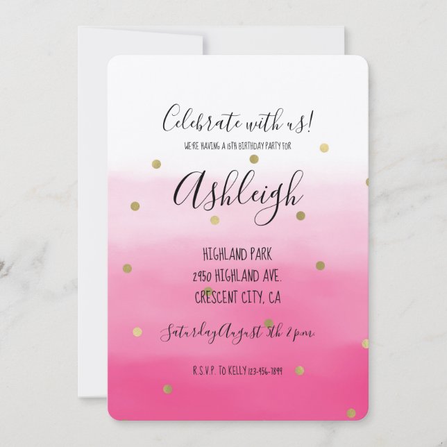 Pink Watercolor Gold Confetti Ombre Birthday Invitation (Front)