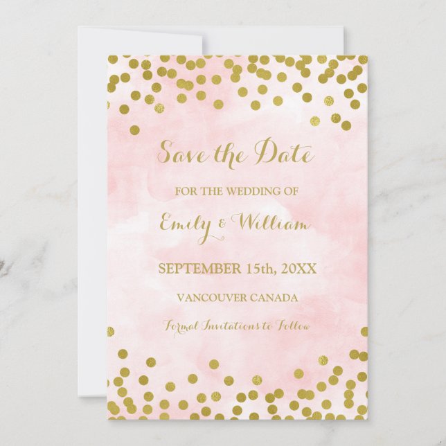 Pink Watercolor Gold Confetti Photo Save the Date (Front)