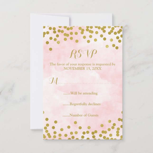 Pink Watercolor Gold Confetti Wedding RSVP Card (Front)