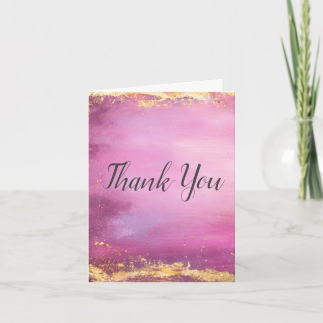 Pink Watercolor & Gold Foil Trim Thank You Card (Front)
