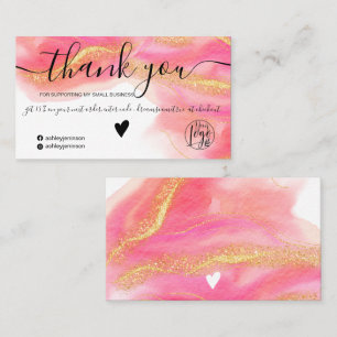 Pink watercolor gold glitter logo order thank you business card
