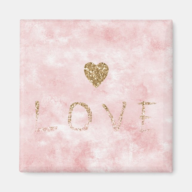 Pink Watercolor Gold Glitter Love Heart Magnet (Front)