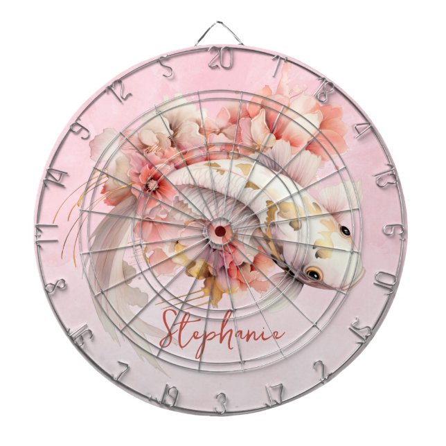 Pink Watercolor Gold Koi Fish Floral Personalised Dartboard (Front)